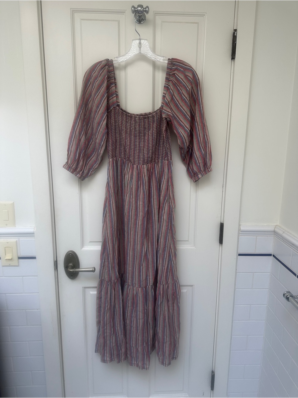 Marine Layer Striped Puff-Sleeve Maxi Dress in Mauve and Blue